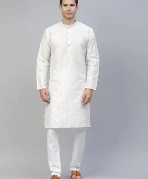 Men Off White Ethnic Motifs Printed Straight Kurta