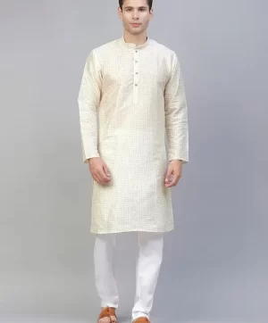 Men Off White Geometric Kurta