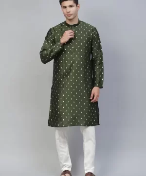 Men Olive Green Geometric Print Long Sleeves Straight Kurta