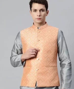 Men Peach-Coloured & Gold Ethnic Motifs Jaquard Woven Design Nehru Jacket