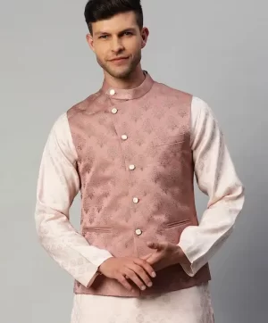 Men Pink & Golden Woven Design Nehru Jacket