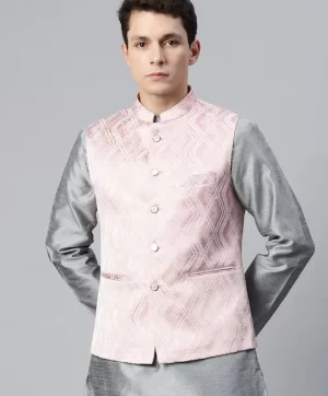Men Pink & Silver Ethnic Motifs Jaquard Woven Design Nehru Jacket