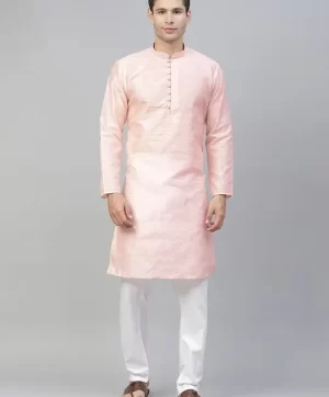 Men Pink Woven Design Dupion Silk Kurta