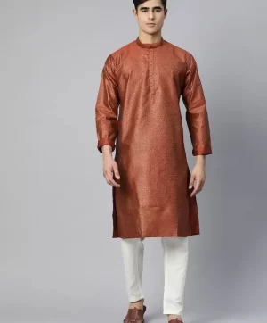 Men Rust Brown & White Printed Pure Cotton Kurta with Pyjamas