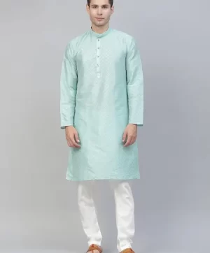 Men Sea Green Geometric Mandarin Collar Straight Kurta