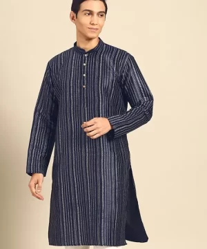 Men Striped Thread Work Cotton Silk Kurta