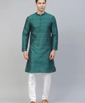 Men Teal Thread Work Kurta