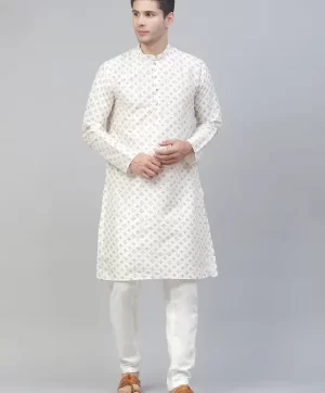 Men White Ethnic Motifs Printed Kurta with Pyjamas