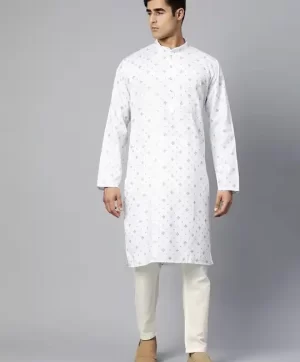 Men White Ethnic Motifs Printed Straight Cotton Kurta