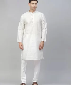 Men White Thread Work Dupion Silk Kurta