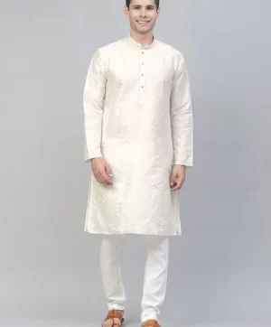 Men White Printed Kurta with Pyjamas