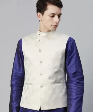 Men Woven Design Jaquard Silk Nehru Jacket