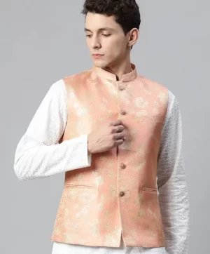 Men Woven Design Jaquard Silk Nehru Jacket