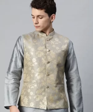 Men Woven Design Jaquard Silk Nehru Jacket