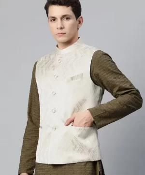 Men Woven Design Jaquard Silk Nehru Jacket