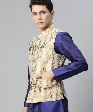 Men Woven Design Jaquard Silk Nehru Jacket