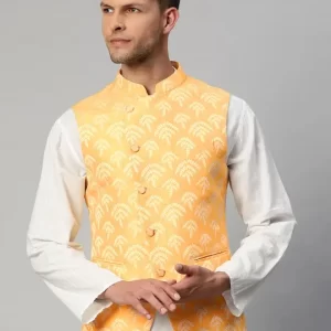 Men Yellow & Gold Ethnic Motifs Jaquard Woven Design Nehru jacket