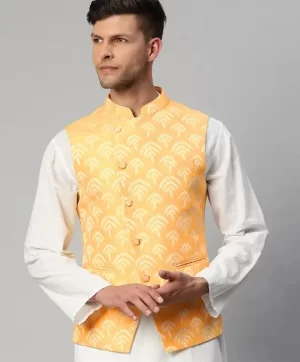 Men Yellow & Gold Ethnic Motifs Jaquard Woven Design Nehru jacket