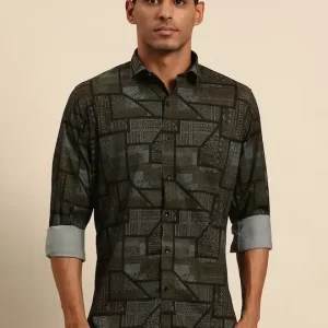 PRODUCT DETAILS Navy blue geometric printed opaque Casual shirt ,has a spread collar, button placket, long regular sleeves, curved hem Size & Fit Brand Fit: Smart Regular Fit Size worn by the model: 40 Chest: 40" Height: 6'1" Material & Care Cotton Rich, Machine wash warm, wash dark colors separately, do not bleach, tumble dry low, warm iron