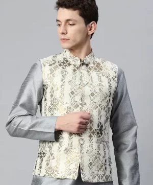 Men Woven Design Jaquard Silk Nehru Jacket