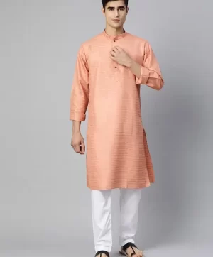 Men Peach-Coloured Striped Straight Kurta