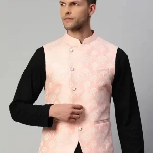 Men Pink & White Woven Design Nehru Jacket