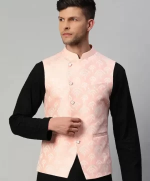 Men Pink & White Woven Design Nehru Jacket