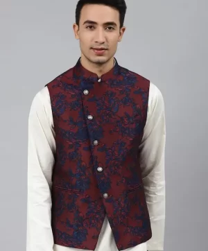 Men Woven-Design Jaquard Silk Nehru Jacket