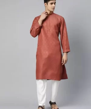 Men Rust Woven Design Straight Kurta