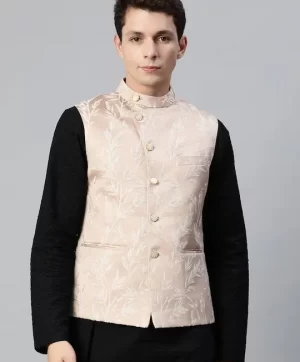 Men Woven Design Jaquard Silk Nehru Jacket