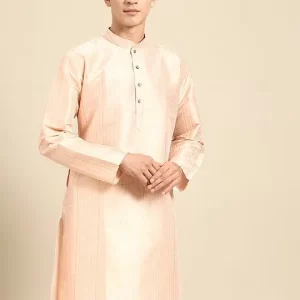 Striped Mandarin Collar Cotton Silk Straight Kurta