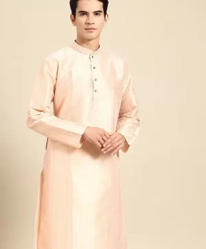 Striped Mandarin Collar Cotton Silk Straight Kurta