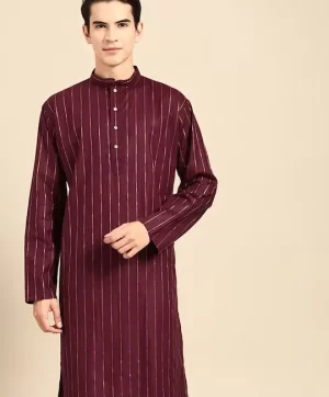 Striped Mandarin Collar Long Sleeves Straight Pure Cotton Kurta