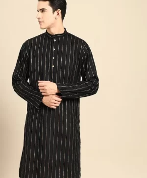 Striped Mandarin Collar Pure Cotton Straight Kurta