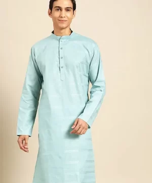 Striped Mandarin Collar Pure Cotton Straight Kurta