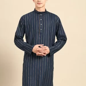 Striped Printed Band Collar Long Sleeve Straight Cotton Kurta