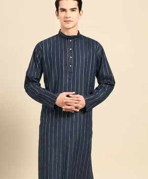 Striped Printed Band Collar Long Sleeve Straight Cotton Kurta