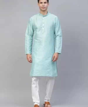 Turquoise blue printed Kurta with Pyjamas