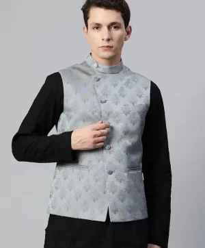 Men Woven Design Jaquard Silk Nehru Jacket