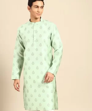 Woven Design Mandarin Collar Long Sleeve Straight Kurta