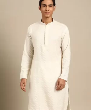 Woven Design Mandarin Collar Long Sleeve Straight Kurta