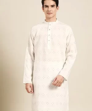 Woven Design Mandarin Collar Pure Cotton Straight Kurta