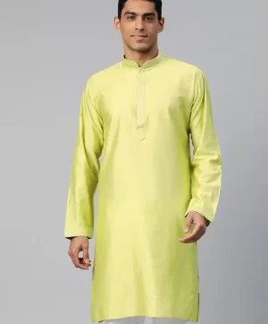 Woven Design Mandarin Collar Thread Work Straight Kurta