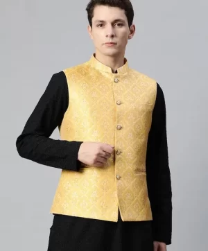 Men Woven Design Jaquard Silk Nehru Jacket