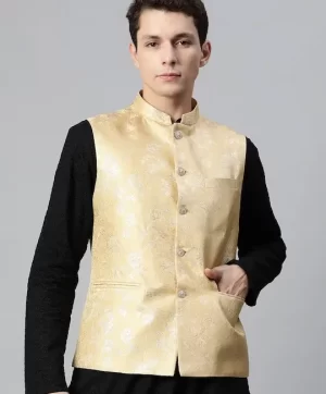 Men Woven Design Jaquard Silk Nehru Jacket