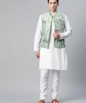 Men Woven Design Jaquard Silk Nehru Jacket