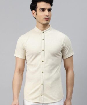 Men Off White Pure Cotton Knitted Slim Fit Casual Shirt