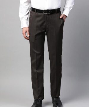 Men Brown & White Slim Fit Striped Formal Trousers