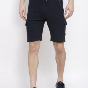 Men Navy Blue Slim Fit Self Striped Cotton Gym Shorts