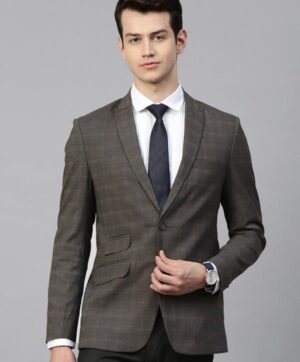 Men Charcoal Grey & Blue Slim Fit Checked Single-Breasted Formal Blazer